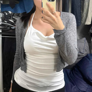 Tencel Ribbed See-through V-Neck Open Loose Fit Crop Cardigan
