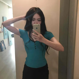 Fine Ribbed Stretchy Cinched Fit V-Neck Button Short Sleeve T-Shirt