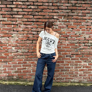 Low-rise Wide Loose Fit Raw Dark Blue Slit Button Pocket Jeans