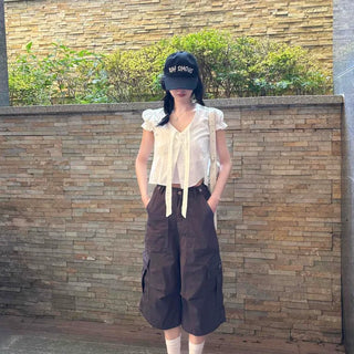 Cotton V-Neck Pintuck Shirred Frill Balloon Peplum Tie Ribbon Crop Blouse