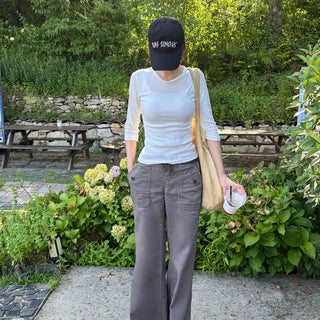 Cotton Woven Contrast Elastic Waist Loose Fit Wide Low-Rise Pocket Long Pants