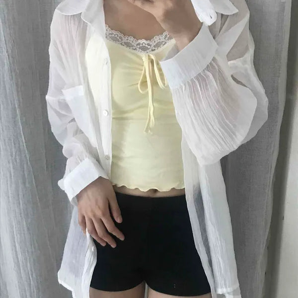 Gauze Cotton See-through Puff Sleeve Mother-of-Pearl Button Oversized Shirt