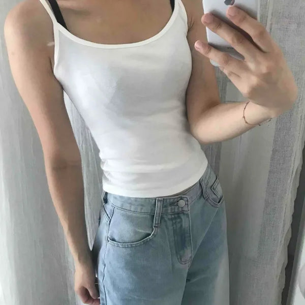 Square Neck Stretchy Cotton Modal Basic Slim Fit Strap Sleeveless Top