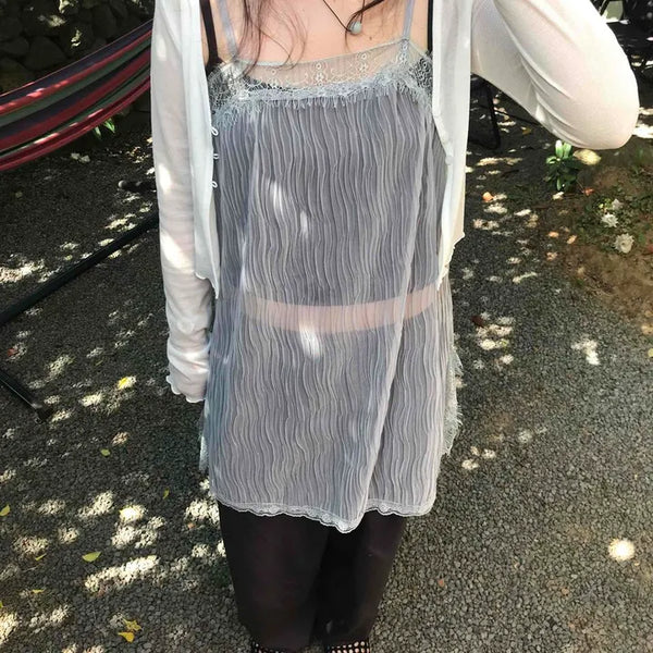Slip Chiffon Lace See-through Pleated Square Neck Sleeveless Layered Long Dress