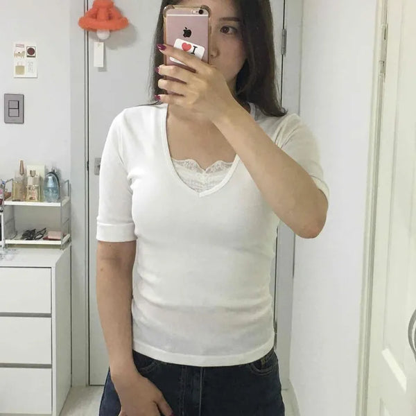 Ribbed V-Neck Layered Slim Fit Short Sleeve T-Shirt