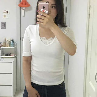 Ribbed V-Neck Layered Slim Fit Short Sleeve T-Shirt