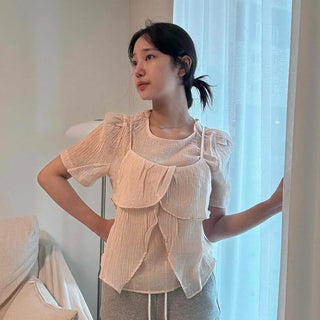 Bustier Set Ruffle Frill Shirring See-through Chiffon Loose Fit Blouse