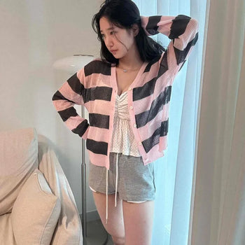 Big Stripe Contrast Ribbed See-through Thin Loose Fit Button Knit Cardigan