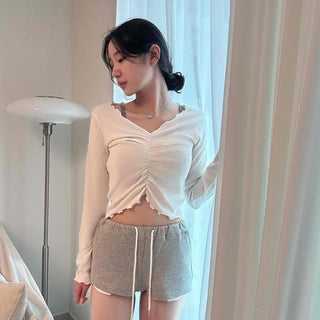 Off-shoulder Two-way Chest Shirring Frill V-neck Slim Fit Crop Long Sleeve T-shirt