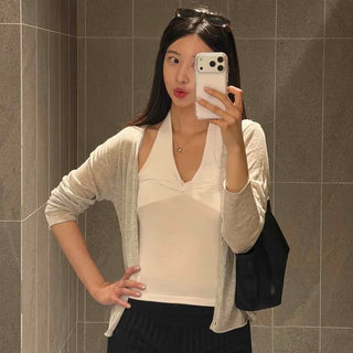 Linen Viscose V-Neck See-through Loose Fit Cardigan