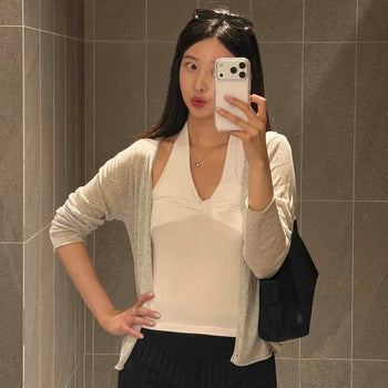 Linen Viscose V-Neck See-through Loose Fit Cardigan