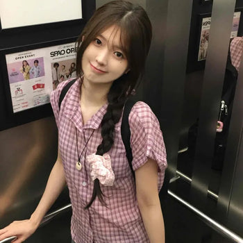 Gauze Check See-through Line Short Sleeve Shirt