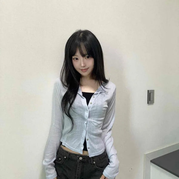 Shirt-style Ribbed See-through Slim Fit Long Sleeve Button Knit Cardigan