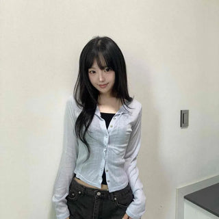 Shirt-style Ribbed See-through Slim Fit Long Sleeve Button Knit Cardigan