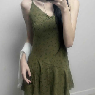 Flower V-Neck Adjustable Strap Flare Sleeveless Mini Dress
