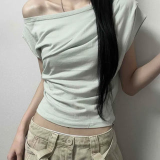 One-off Shoulder Side Shirring Delicate Fit Crop Short Sleeve T-shirt