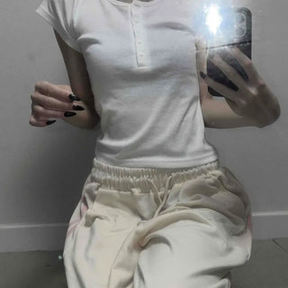 Button Round Neck Cinched Waist Stretchy Cotton Blend Crop Short Sleeve Tee