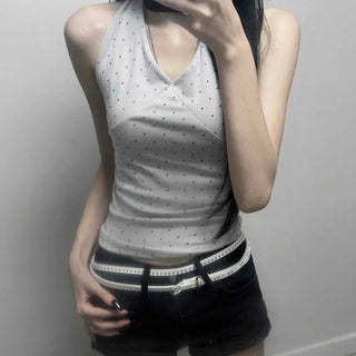 Halter Neck V-Neck Adjustable Ribbon Cut-out Layered Cotton Sleeveless