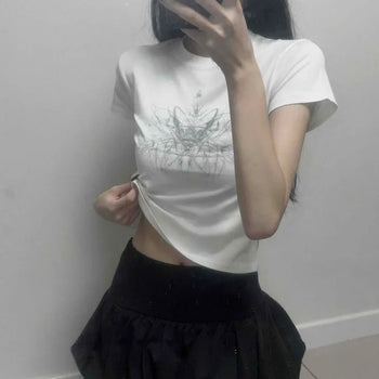 Skull Logo Print Crop Slim Fit Inner Short Sleeve Tee