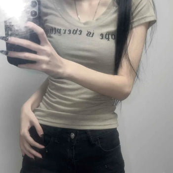 Heart Lettering See-through Cotton Slim Fit Short Sleeve T-shirt