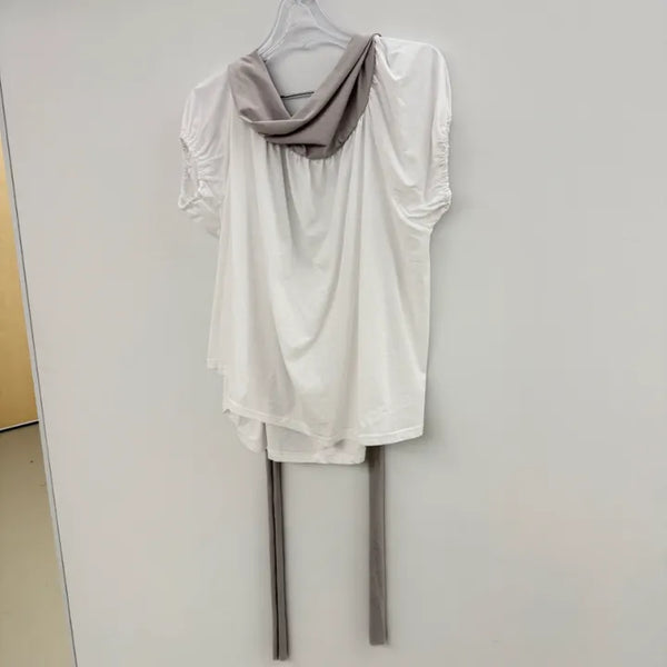 Marend Off Two-Way Back Tie Short Sleeve Loose Fit Blouse