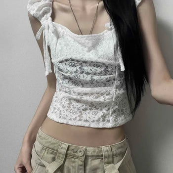 Punched Lace Flower Ribbon Shirring Square Neck Crop Short Sleeve Tee