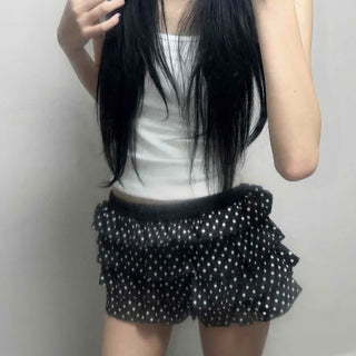 Dot Frill Ribbon Tiered Shorts Set