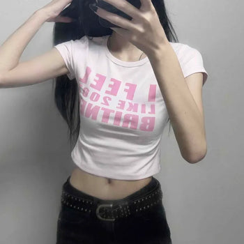 English Lettering Embroidered Round Neck Slim Crop Short Sleeve Tee