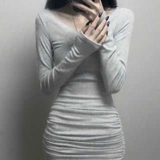 V-Neck Shirred Stretchy Slim Fit Long Sleeve Mini Dress