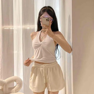 Halter Neck Twist Tie V-Neck Shirred Slim Fit Modal Sleeveless
