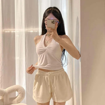Halter Neck Twist Tie V-Neck Shirred Slim Fit Modal Sleeveless