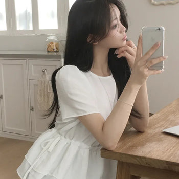 Side Shirring Ribbon Strap Frill Flare Round Neck Delicate Fit Short Sleeve Blouse