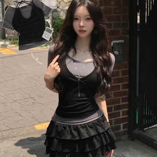 Guaranteed Beauty, Halter Strap Bustier Sleeveless & U-Neck Slim Fit Short Sleeve T-shirt Layered Set