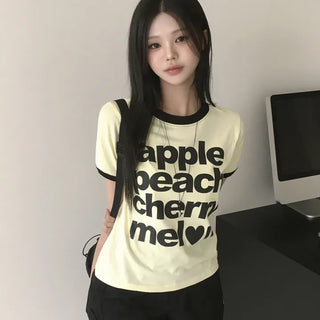 Full of cuteness, Color Block Ringer Round Neck Fruit Lettering Mala Fit Short Sleeve T-shirt