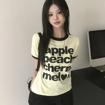 Full of cuteness, Color Block Ringer Round Neck Fruit Lettering Mala Fit Short Sleeve T-shirt