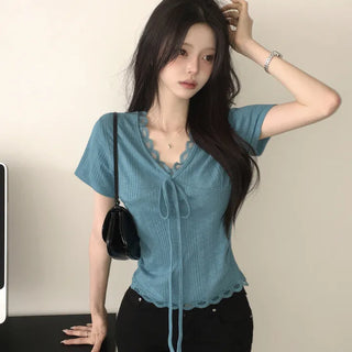 Feminine Mood, Lace Ribbed V-Neck Ribbon Strap Side Shirring Delicate Slim Fit Short Sleeve T-Shirt