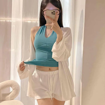 Trapezius-Slimming Halter Neck Deep V-Neck Shirred Slim Fit Layered Sleeveless Top