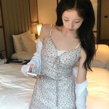 Small Floral Chiffon Sleeveless V-Neck Shirred Ribbon Frill Elastic Waist Slim Fit Mini Dress