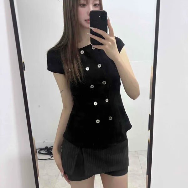 Two-Button Cap Sleeve Collar Slim Fit Shirt