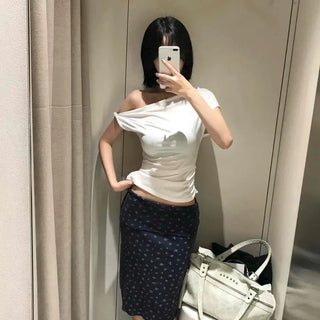 Flower Knit Fold Hip Low-Rise H-Line Midi Skirt