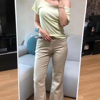 Low-Rise Bootcut Flare 3D Pocket Button Stretchy Relaxed Fit Long Pants