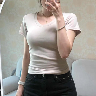 V-Neck Stretchy Slim Fit Crop Short Sleeve Tee