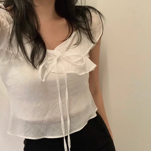 Fior Frill Ribbon Cap Sleeve Short-Sleeve Blouse