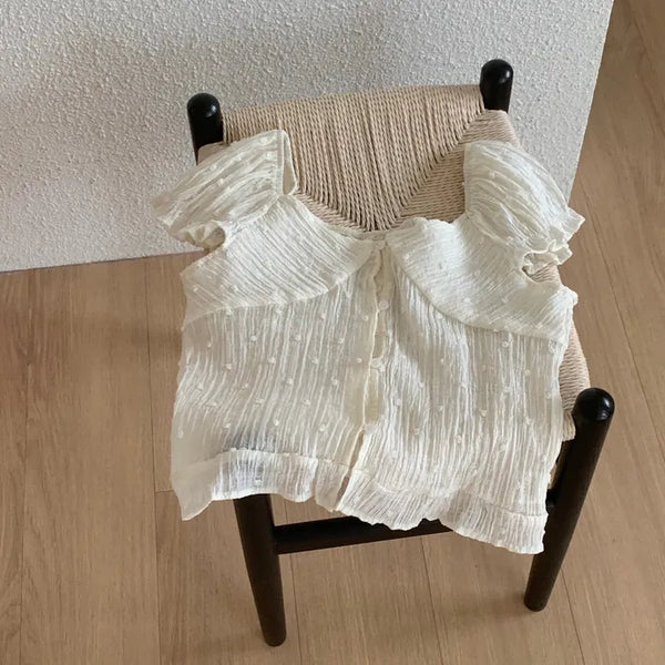 Risom Dot Wrinkle Frill Puff Short Sleeve Blouse