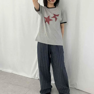 Loose Fit Wide Striped Pleated Elastic Waist Unisex Set Synthetic Fiber Long Pants