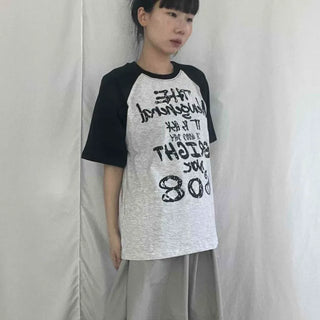 Raglan Round Neck Contrast Lettering Cotton Short Sleeve T-shirt