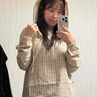 Check Anorak Half-Zip Drawstring Oversized Cotton Hoodie