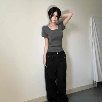 *Cinched Waist* Hatz Deep Round Neck Slim Fit Short Sleeve T-shirt