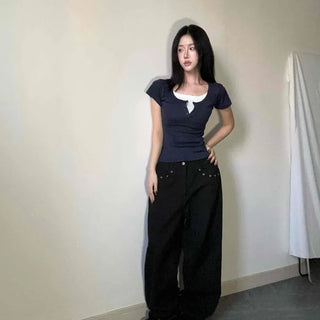Crum Layered Contrast Button Short Sleeve T-shirt