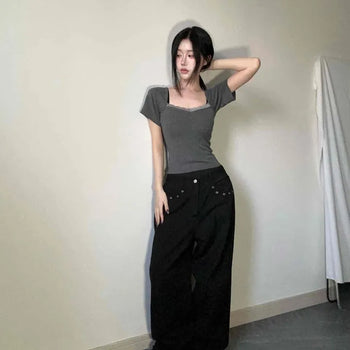 *Cinched Waist* Miko Lace Neck Short Sleeve T-shirt